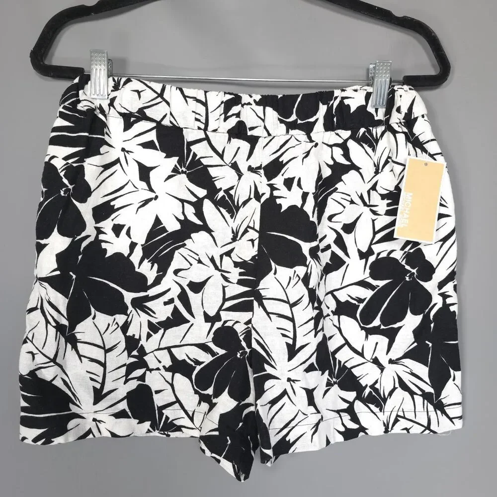 MICHAEL KORS Womens New Set Tank Top Shorts MEDIUM Black White Linen‎ QS540TLHF0